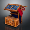 Modern Wooden Market Stall Setup With Blue Glass Windows And Emblem Chest