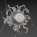 Ornate Metallic Eyeball Sculpture With Dark Curved Tentacles And Central Pupil