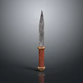 Traditional Weapon Knife With Metal Serrated Blade Red Wooden Handle And Metal Base Decoration