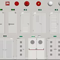 Fire Safety Equipment Collection With Red Alarm Devices And White Fire Doors