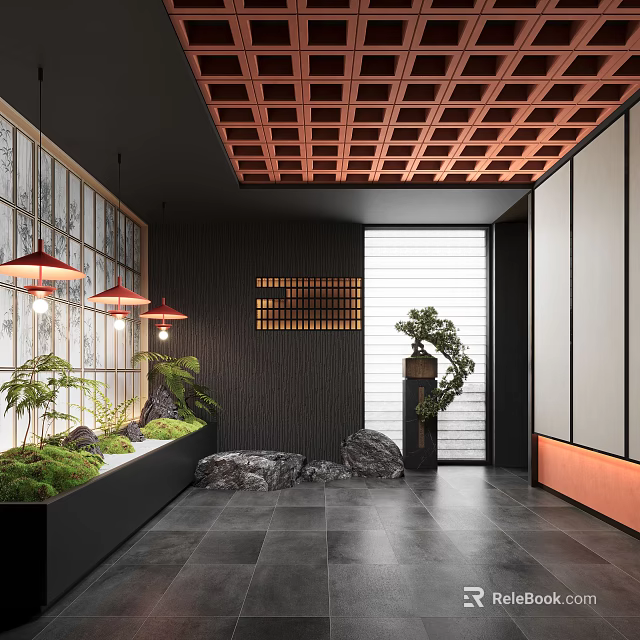Japanese Style Hotel Corridor Interior With Wooden Grid Ceiling Stone And Green Plants 3d model 