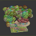 Blue Treehouse Architecture With Red Roof Green Trees Steps And Mushrooms