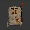 Beige Backpack With Orange Buckles Multiple Pockets And Red Stick For Daily Life Use 3d model