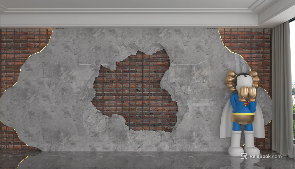 Gray Background Wall With Broken Parts Exposing Red Brick And A Cartoon Figure Beside It 3d model 