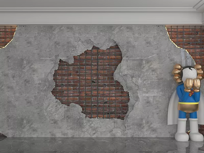 Gray Background Wall With Broken Parts Exposing Red Brick And A Cartoon Figure Beside It 3d model