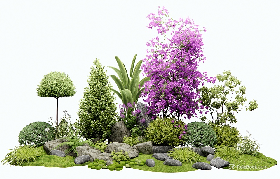 Vibrant Plant Combination with Purple Flowers Green Shrubs Rocks and Grass in Garden 3d model 
