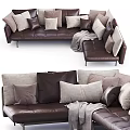 Brown Leather Sectional Sofa With Multiple Plush Cushions And Cozy Throw Blanket 3d model