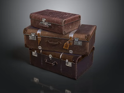 Vintage Leather Suitcases Stacked With Metal Hardware And Brown Exterior 3d model