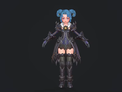 Game Movie Character With Blue Pigtails And Black Outfit Featuring Metallic Details 3d model