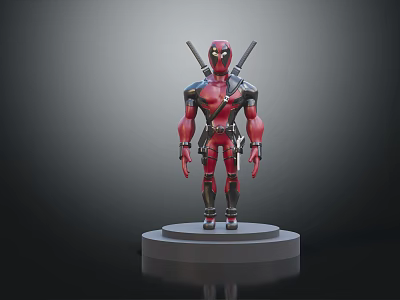 Deadpool Figure With Red And Black Costume Two Swords On Back Standing On Gray Platform 3d model