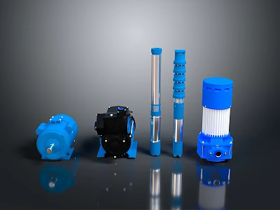Various Types of Industrial Water Pumps with Blue and Black Components 3d model