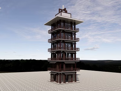 Multi Storey Road Traffic Monitoring Tower With Stairway And Observation Deck 3d model