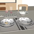 White Tableware Set With Patterned Cutting Board And Glass Cups For Home Dining 3d model