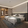 Modern Minimalist Hotel Guest Room with Comfortable Bed TV Desk and Decorative Rug