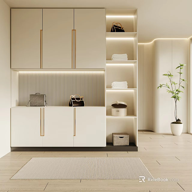 Modern Minimalist Shoe Cabinet With Golden Handles Storage Shelves And Potted Plant Decor 3d model 