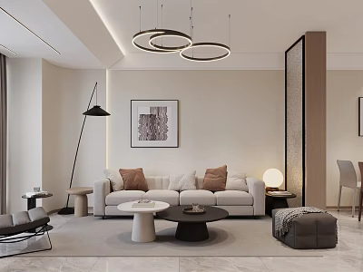 Modern Living And Dining Room Interior With Sofa Coffee Tables Wall Art And Pendant Lights 3d model