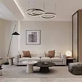 Modern Living And Dining Room Interior With Sofa Coffee Tables Wall Art And Pendant Lights