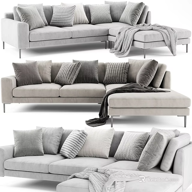 Modern Light Gray Sectional Sofa With Plush Cushions And Soft Throw Blanket 3d model
