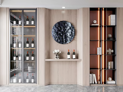 Modern Wine Cabinet With Glass Door Wine Bottles Round Decorative Painting And LED Strip Lighting 3d model
