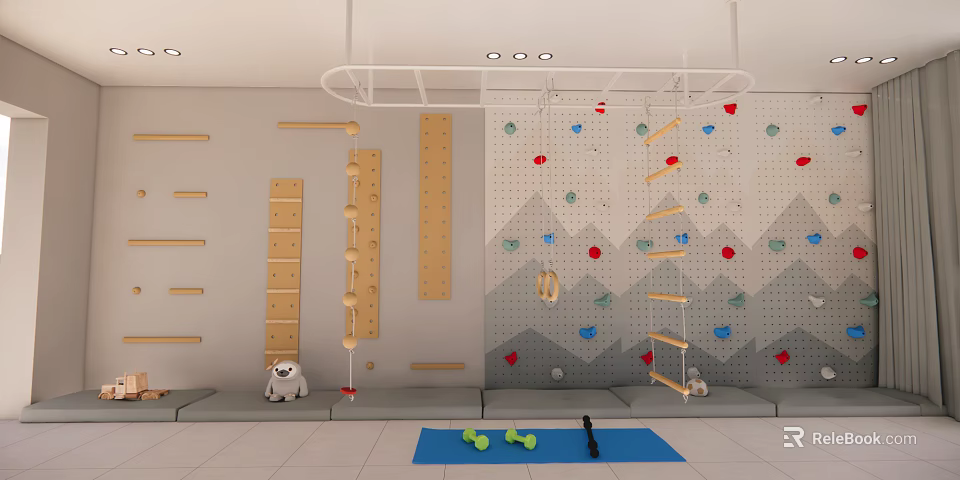 Complete Indoor Sports Equipment With Climbing Wall Wooden Frames Mats Dumbbells Yoga Mat 3d model 