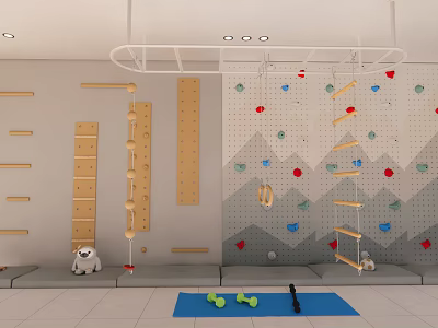 Complete Indoor Sports Equipment With Climbing Wall Wooden Frames Mats Dumbbells Yoga Mat 3d model