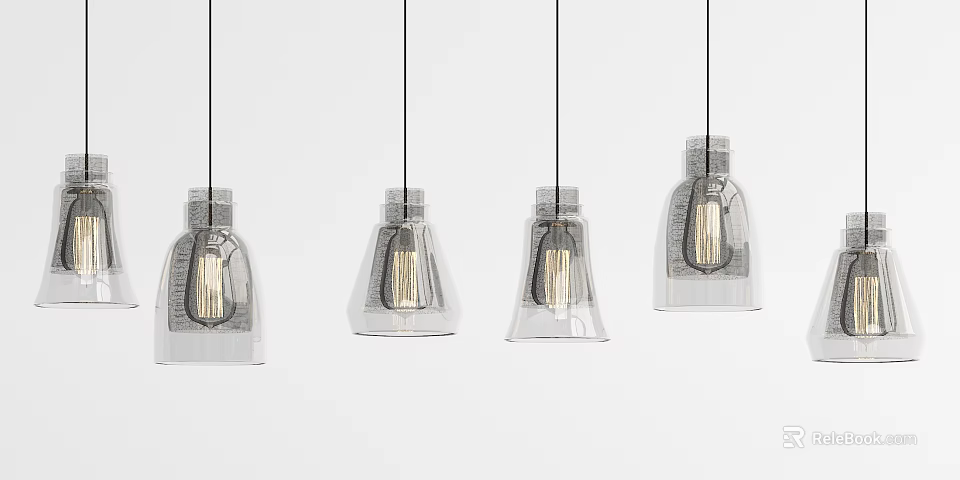 Modern Transparent Pendant Lights with Glass Bell Shapes and Black Hanging Cords 3d model 
