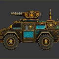 Vintage Armored Military Vehicle With Gold Blue Details And Mechanical Top Gear