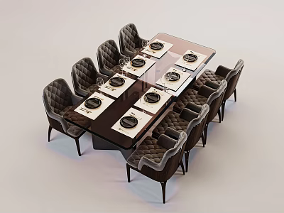 Dark Glass Top Dining Table Set With 8 Gray Upholstered Chairs And White Dinner Plates 3d model