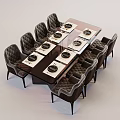 Dark Glass Top Dining Table Set With 8 Gray Upholstered Chairs And White Dinner Plates