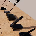 Formal Conference Room With Wooden Long Table Microphones Table Lamp And Tablet