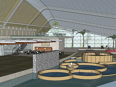 Spacious Indoor Public Space Featuring Curved Roof Glass Walls Palm Trees And Circular Water Pools 3d model