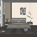 Modern Bedroom Interior With Bed Wooden Nightstands Decorative Wall Art Pendant Lights And Area Rug