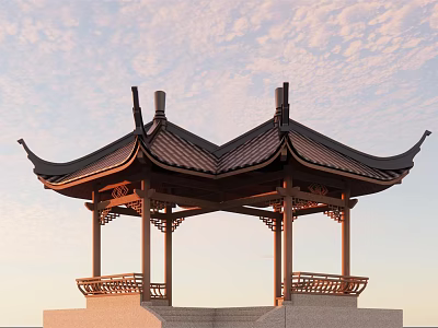 Traditional Chinese Garden Pavilion With Overhanging Eaves Wooden Structure And Serene Sky 3d model