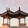 Traditional Chinese Garden Pavilion With Overhanging Eaves Wooden Structure And Serene Sky