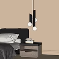 Modern Nightstand Beside Bed with Black Headboard Books Cup and Lamp with Two Globe Bulbs