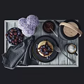 Kitchen Breakfast Tray Setup With Pancakes Blueberries Chocolate Sauce Teapot Coffee Cup And Purple Flowers