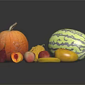 Fresh Assorted Fruits Display Including Pumpkin Watermelon Pear Peach Mango And Banana