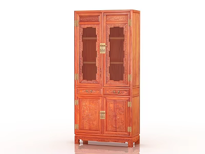 Traditional Chinese Style Mahogany Bookcase With Glass Doors Intricate Carvings And Metal Hardware 3d model