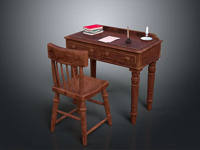 Traditional Wooden Desk And Chair With Stack Of Books Sheet Of Paper Candle And Candlestick 3d model