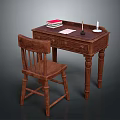 Traditional Wooden Desk And Chair With Stack Of Books Sheet Of Paper Candle And Candlestick