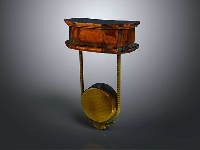 Antique Shelving Equipment Featuring Wooden Shelves Metal Supports And Golden Circular Base 3d model