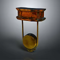 Antique Shelving Equipment Featuring Wooden Shelves Metal Supports And Golden Circular Base