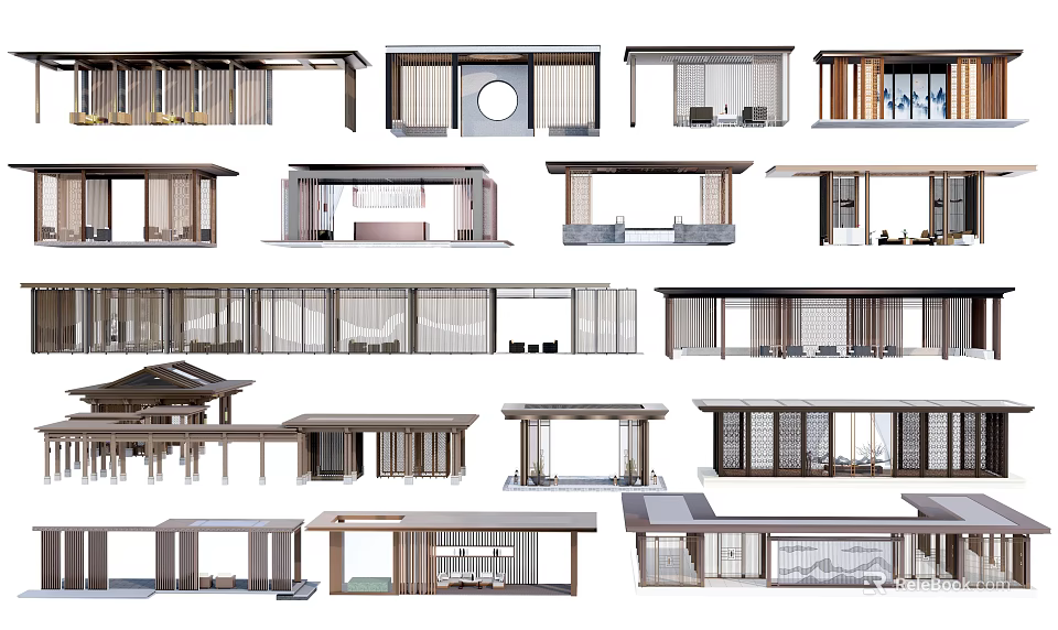 Various Modern Pergola Designs With Wooden Structures And Open Architectural Elements 3d model 