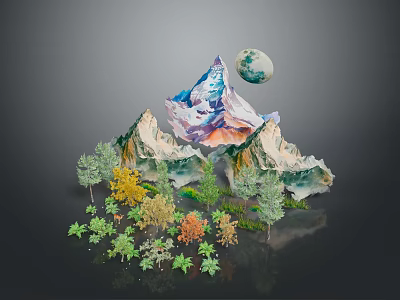 Breathtaking Mountain Scenery with Peaks Moon Trees and Reflective Water Surface 3d model