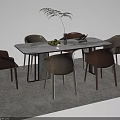 Modern Dining Table Set Rectangular Marble Top Brown Beige Chairs Green Plant and Fruit Platter 3d model