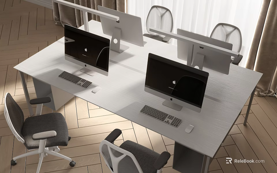 Modern Office Desk Setup With Desktop Computers And Comfortable Office Chairs 3d model 