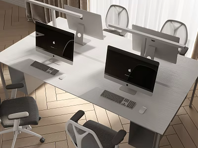 Modern Office Desk Setup With Desktop Computers And Comfortable Office Chairs 3d model