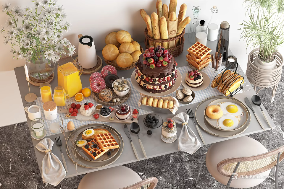 Assorted Breakfast Foods With Waffles Cake Berries Eggs Bagels And Fresh Juice 3d model 