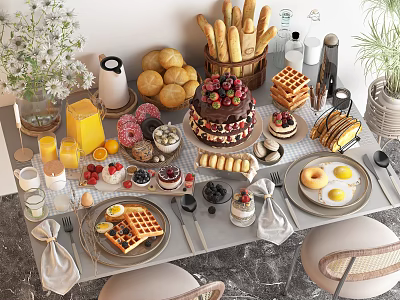 Assorted Breakfast Foods With Waffles Cake Berries Eggs Bagels And Fresh Juice 3d model
