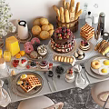 Assorted Breakfast Foods With Waffles Cake Berries Eggs Bagels And Fresh Juice
